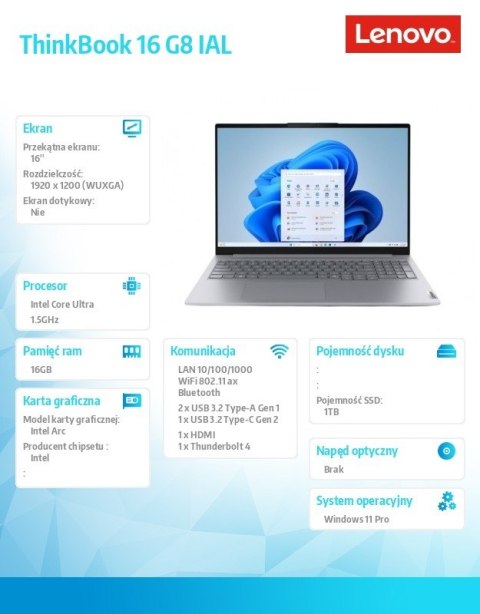 Lenovo Laptop ThinkBook 16 G8 21SK008NPB W11Pro Ultra 7 255H/16GB/1TB/INT/16.0 WUXGA/Luna Grey/3YRS OS + CO2 Offset