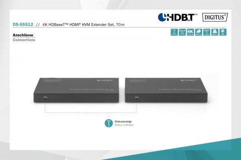 Digitus Przedłużacz/Extender KVM HDMI+USB HDBaseT 70m 4K30Hz HDCP 2.2 PoC (Power over Cable) audio IR zestaw