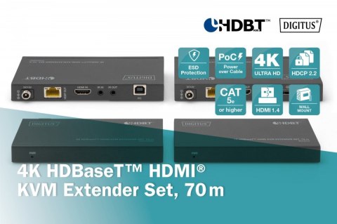 Digitus Przedłużacz/Extender KVM HDMI+USB HDBaseT 70m 4K30Hz HDCP 2.2 PoC (Power over Cable) audio IR zestaw