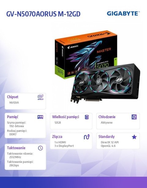 Gigabyte Karta graficzna GeForce RTX 5070 AORUS MASTER 12GB GDDR7 192bit HDMI/3DP