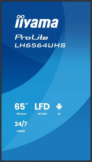 IIYAMA Monitor 65 cali LH6564UHS-B1AG, 24/7,VA,ANDROID14,4K,500cd,5000:1, 2xHDMI ,USB-C,RJ45, RS-232c, IR, 2x10W, 2xUSB, UCHWYT ŚCIE