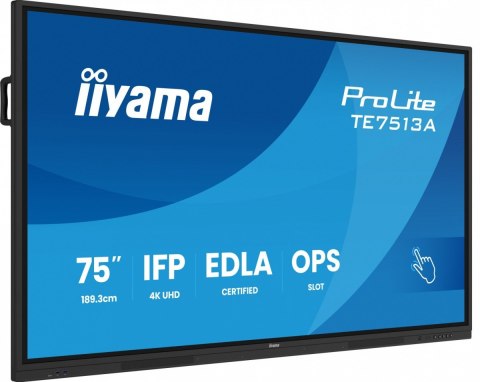 IIYAMA Monitor 75 cali TE7513A-B1AG INFRARED, 40pkt, IPS, 4K, 7H, 450cd/m2, WiFi, USB, ANDROID 14, Google EDLA, 2x20W, uchwyt ścienny