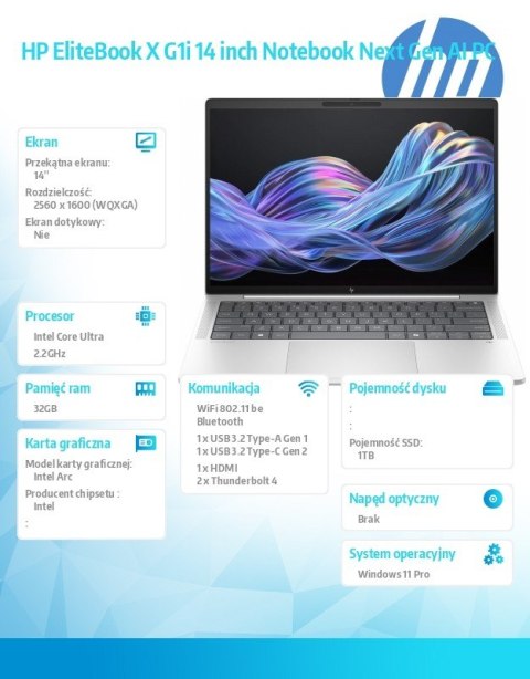 HP Inc. Laptop EliteBook X G1i U7 258V 1TB/32GB/W11P/14 B9ZY1ET