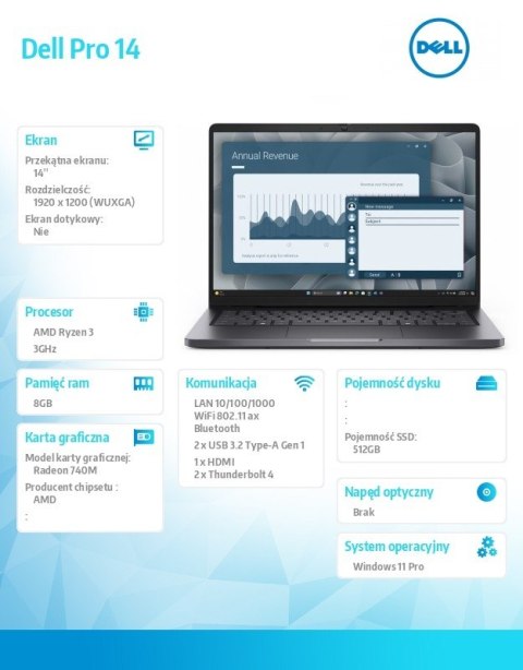 Dell Laptop Dell Pro 14 PC14255/AMD Ryzen 3 210/8GB/512GB SSD CL25/14.0 FHD+/AMD Radeon 740M/FgrPr/Cam & Mic/WLAN + BT/Backlit Kb/3 C