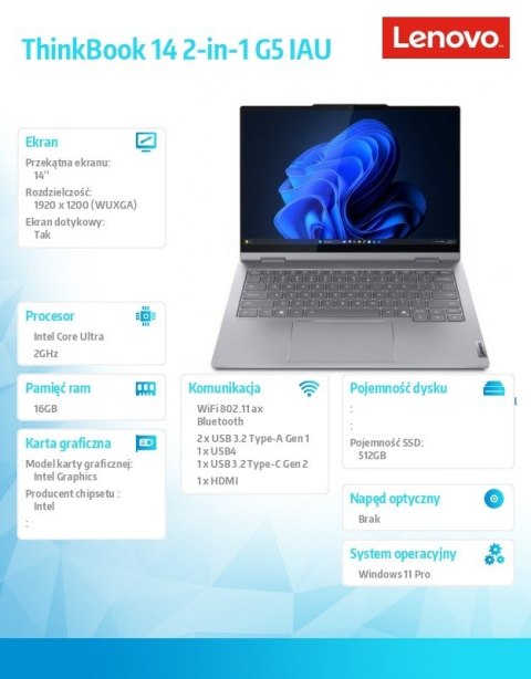 Lenovo Laptop ThinkBook 14 G5 2in1 21SQ0017PB W11Pro Ultra 7 255U/16GB/512GB/INT/14.0 WUXGA/Touch/Luna Grey/3YRS OS + CO2 Offset