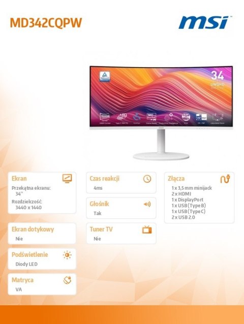 MSI Monitor Modern MD342CQPW 34 cale/LED/UWQHD/Curved/120Hz/czarny