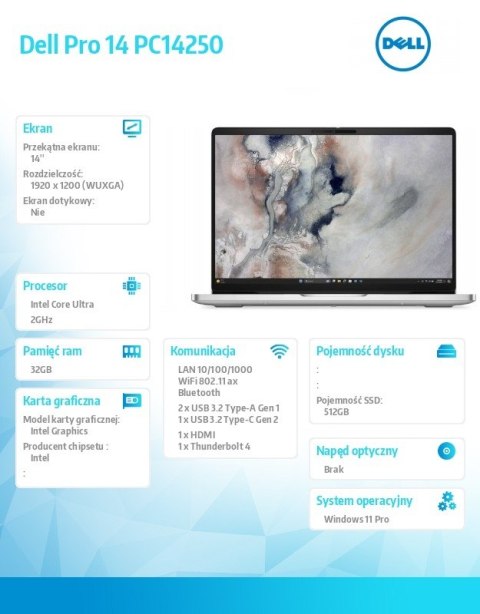 Dell Laptop Dell Pro 14 PC14250 W11P U7 255U/32GB/512GB CL25/14.0 FHD+/INT/FgrPr/FHD/IRCam/Mic/WLAN+BT/BcklKb/3C/3YPS Platinum