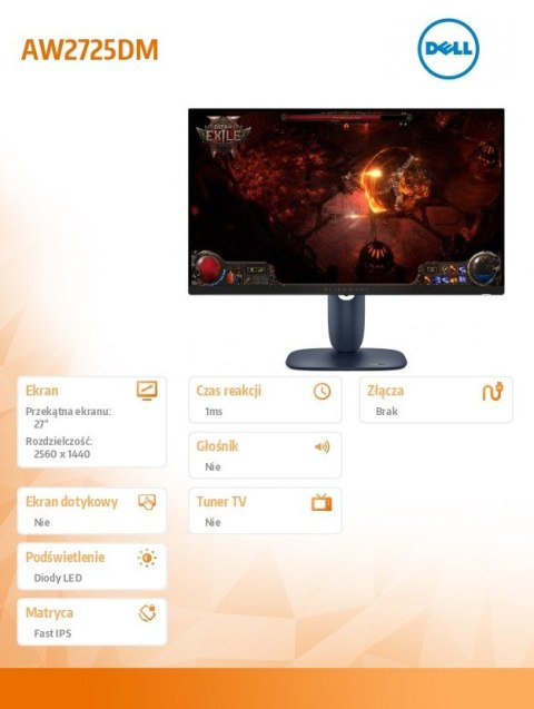 Dell Monitor AW2725DM 27.0 cali NVIDIA G-Sync Compatible IPS Dual-ResolutionQHD 180Hz(2560X1440)/16:9/DP/2xHDMI/2xUSB/3Y