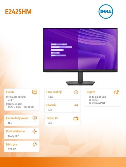 Dell Monitor E2425HM 23.8 cala VA LED Full HD (1920x1080)/16:9/DP/HDMI/VGA/3Y