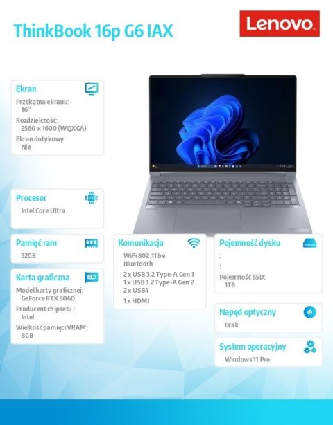 Lenovo Laptop ThinkBook 16p G6 21R0001SPB W11Pro Ultra 7 255HX/2x16GB/1TB/RTX 5060 8GB/16.0 WUXGA/Luna Grey/1YR Premier WHB + 3YR OS + 