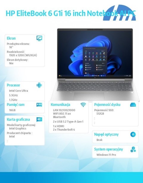 HP Inc. Laptop EliteBook 6 G1i U7-265U 512GB/16GB/W11P/16 cali C51GJET