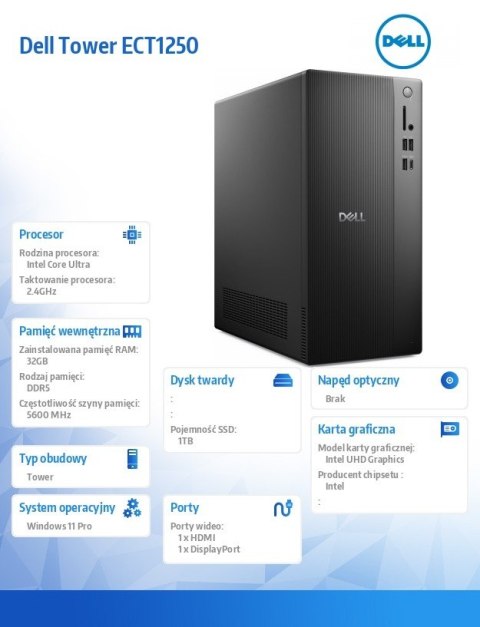 Dell Komputer Dell Tower ECT1250 Win11Pro U7 265/32GB/1TB SSD/UHD/WLAN + BT/Kb & Mouse/3YPS