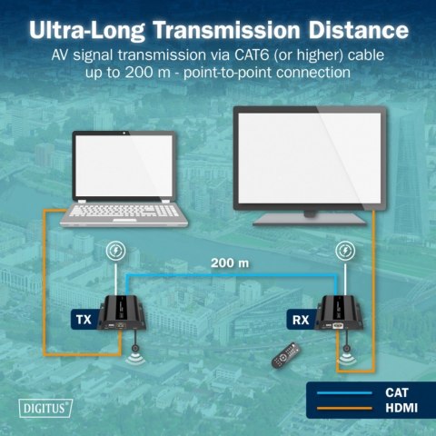 Digitus Przedłużacz (extender) po skrętce kat.6 HDMI 4K/60Hz przez IP 1G lub do 120m/200m, max. 253 odbiorniki, sterowanie IR - zestaw (