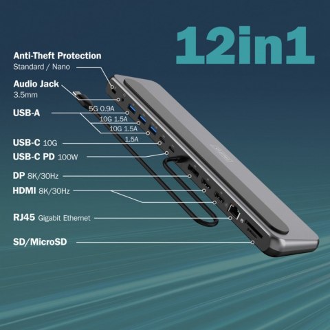 Digitus Stacja dokująca USB-C 12 portowa, max. 8K/30Hz z HDR, HDMI, DP, max. 3 monitory (MST), USB-C 3.2 Gen2, Gigabit Ethernet, SD/Micr
