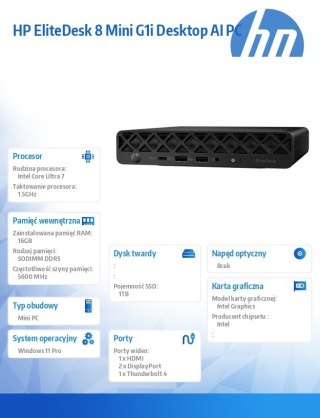 HP Inc. Komputer EliteDesk 8 Mini G1i U7-265T 1TB/16GB/W11P 998Z2ET
