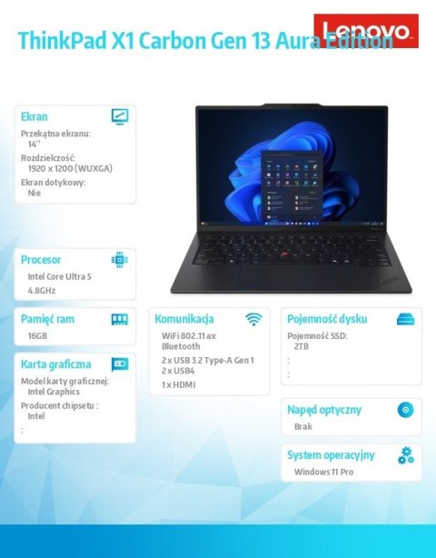 Lenovo Ultrabook ThinkPad X1 Carbon G13 21NX007VPB W11Pro Ultra5 225U/16GB/512GB/INT/14.0 WUXGA/Black/3YR CI + CO2 offset + 3YR Premier