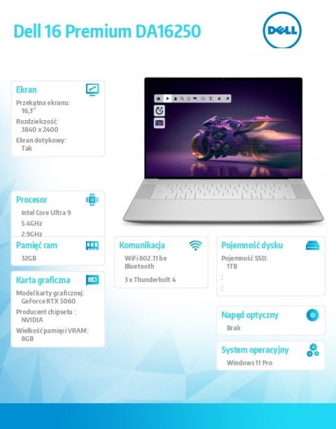 Dell Laptop Dell 16 Premium DA16250 Win11Pro|U9-285H|32GB|1TB SSD|NVIDIA GeForce RTX 5060, 8GB GDDR7 |WLAN + BT|16.3 OLED Touch|Backl