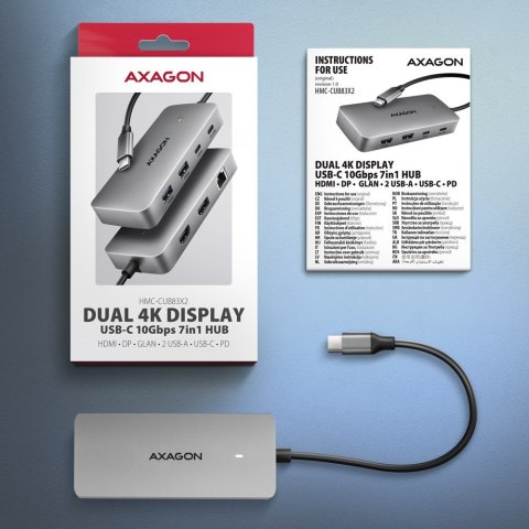 AXAGON HMC-CUB83X2 Wieloportovy hub USB 7in1, 10Gbps, 2x USB-A, 1x USB-C, 1x HDMI 4K/144Hz, DP 8K/30Hz, GLAN, PD 100W, 15cm USB-C kabel