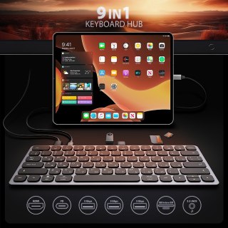 AXAGON Klawiatura HMC-KB-CRL USB-C 5Gbps z wieloportowy hub 9in1, SD/microSD, 3x USB-A, HDMI 4K/60Hz, PD 100W, Audio, Cyrillic layout, 