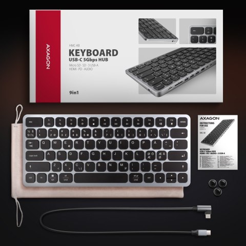 AXAGON Klawiatura HMC-KB-NRD USB-C 5Gbps z wieloportowy hub 9in1, SD/microSD, 3x USB-A, HDMI 4K/60Hz, PD 100W, Audio, Nordic layout, 60