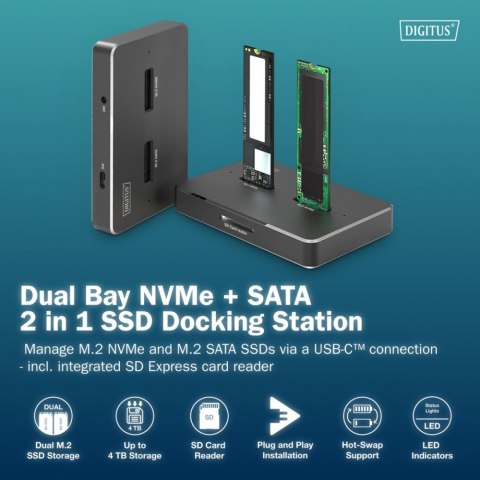 Digitus Stacja dokująca dysków | USB-C 3.2 Gen2 10Gbps | SSD M.2 NVMe + SATA (max. 2x 4TB) | Czytnik kart SD-Express 7.1 (max. 2TB) | Cz