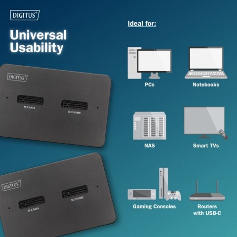 Digitus Stacja dokująca dysków | USB-C 3.2 Gen2 10Gbps | SSD M.2 NVMe + SATA (max. 2x 4TB) | Czytnik kart SD-Express 7.1 (max. 2TB) | Cz