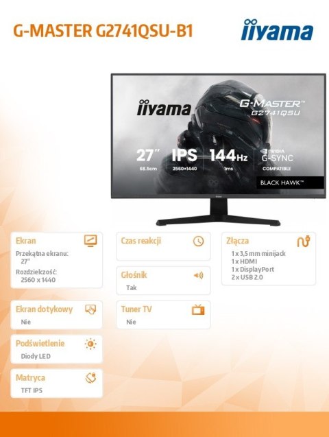 IIYAMA Monitor 27 cali G2741QSU-B1 IPS,QHD,144Hz,1ms,2xUSB Adaptive G-SYNC,HDMI,DP,350cd,