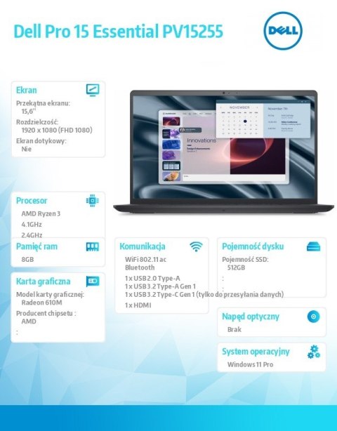 Dell Laptop Dell Pro 15 Essential PV15255 W11P R3-7320U|8GB|512GB|AMD Radeon 610M|FgrPr|WLAN+BT|15.6 FHD|BcklKb|3C|65W|3YPS Carbon Bl